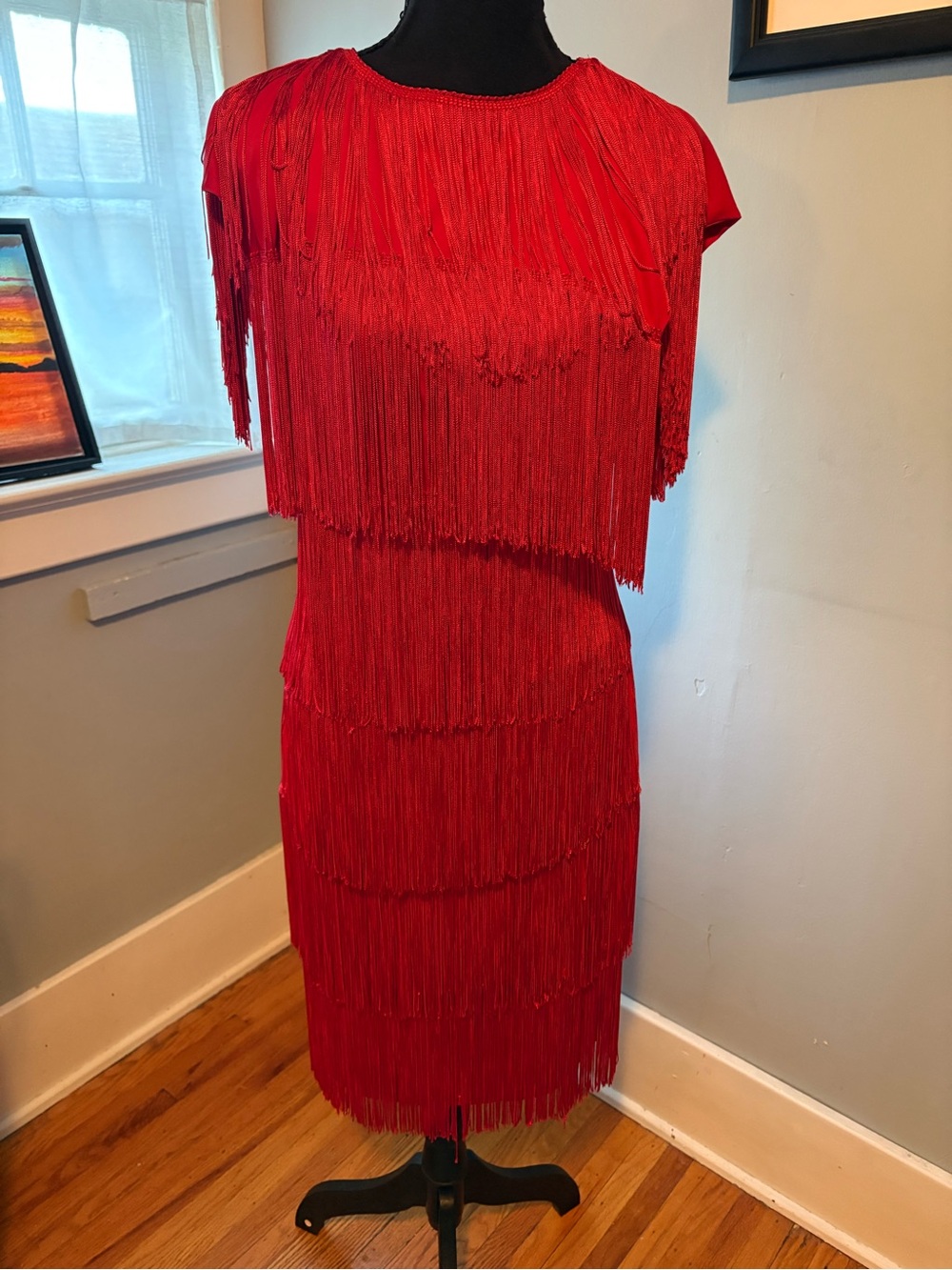 Vintage Cheryl Kaye Elegant Fringe Red Dress Open Back Button Closure Sleeveless